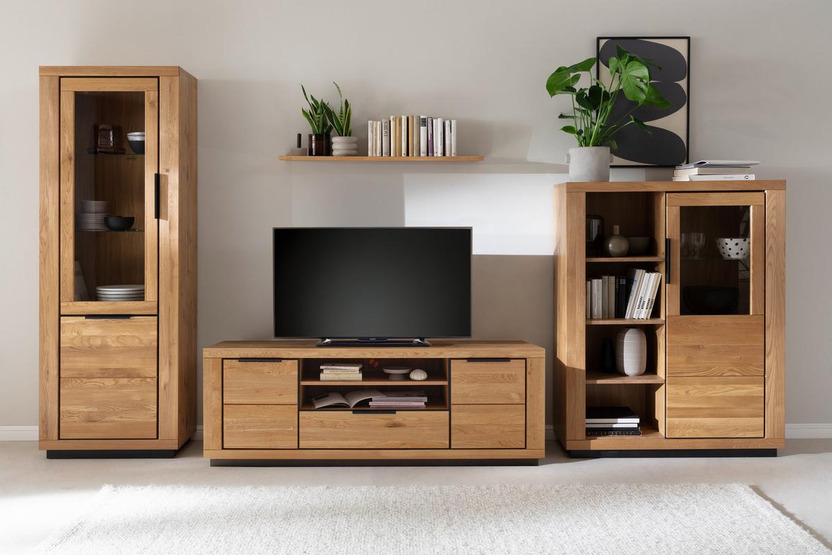Wohnwand Wildeiche, 407 cm 4-teilig - Wildeiche/Schwarz, Design, Glas/Holz (407/200/54cm) - MID.YOU