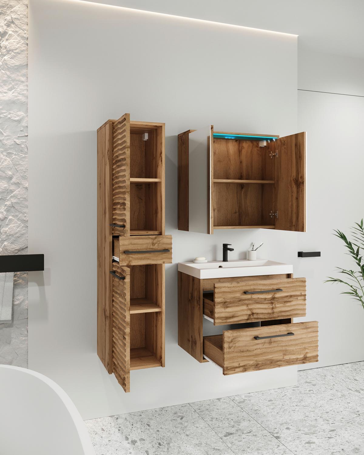 Badmöbel-Set 4-Tlg. inkl. LED Toronto100cm - Eiche Wotan/Weiß, LIFESTYLE, Keramik/Holzwerkstoff (90cm) - P & B