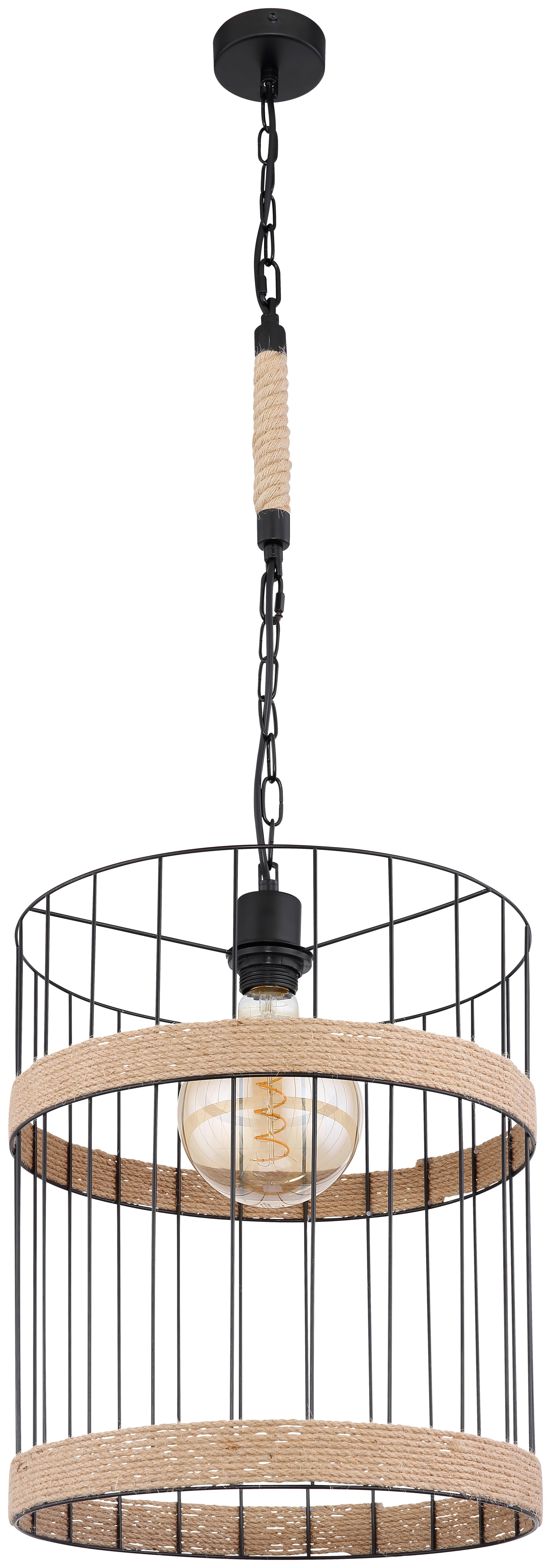 Hängeleuchte Halia H: 145 cm 1-Flammig, mit Hanfseil - Schwarz/Braun, Natur, Naturmaterialien/Metall (35/145cm) - Globo