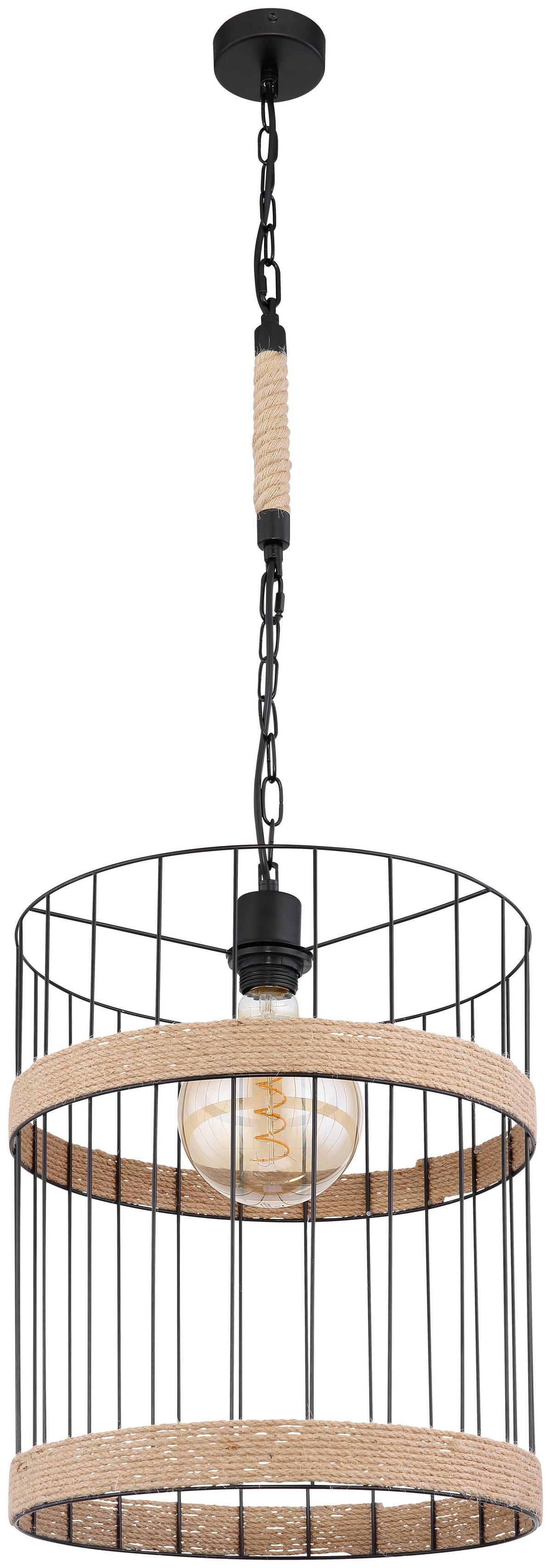 Hängeleuchte Halia H: 145 cm 1-Flammig, mit Hanfseil - Schwarz/Braun, Natur, Naturmaterialien/Metall (35/145cm) - Globo
