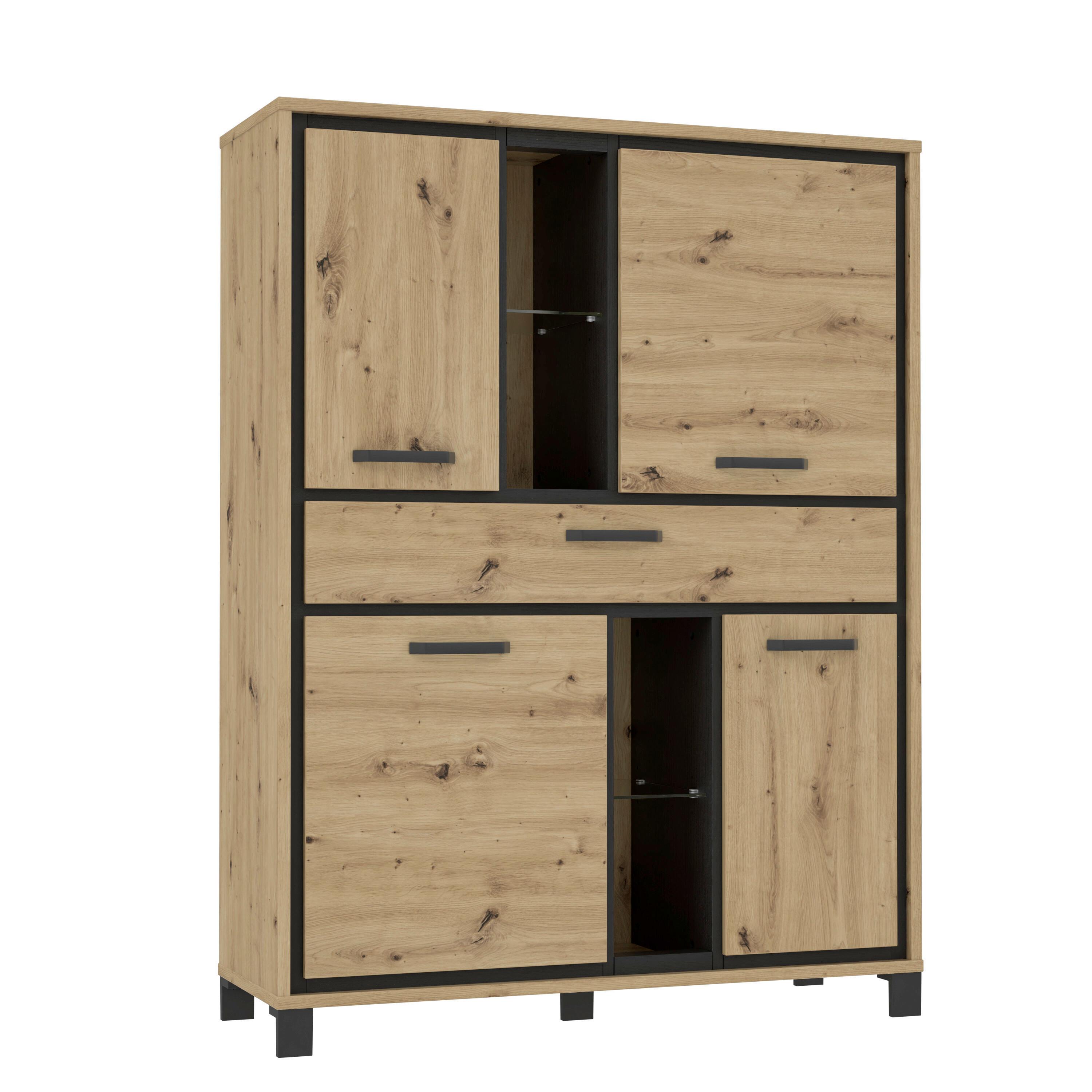 Highboard B: 120,4cm Trondheim Artisan Eiche Dekor/ Schwarz - Eichefarben/Schwarz, Basics, Glas/Holzwerkstoff (120,4/161/41,5cm) - Livetastic