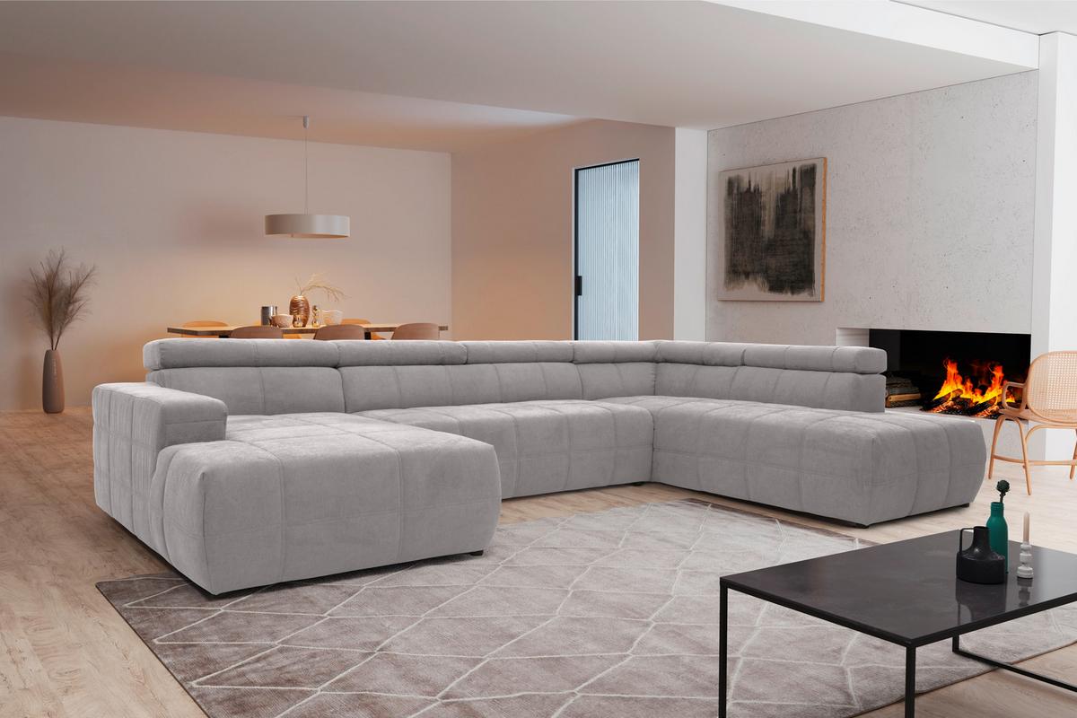 Wohnlandschaft Brandon mit Kopfteilverstellung Silber - Silberfarben/Schwarz, Design, Textil (175/359/228cm) - MID.YOU