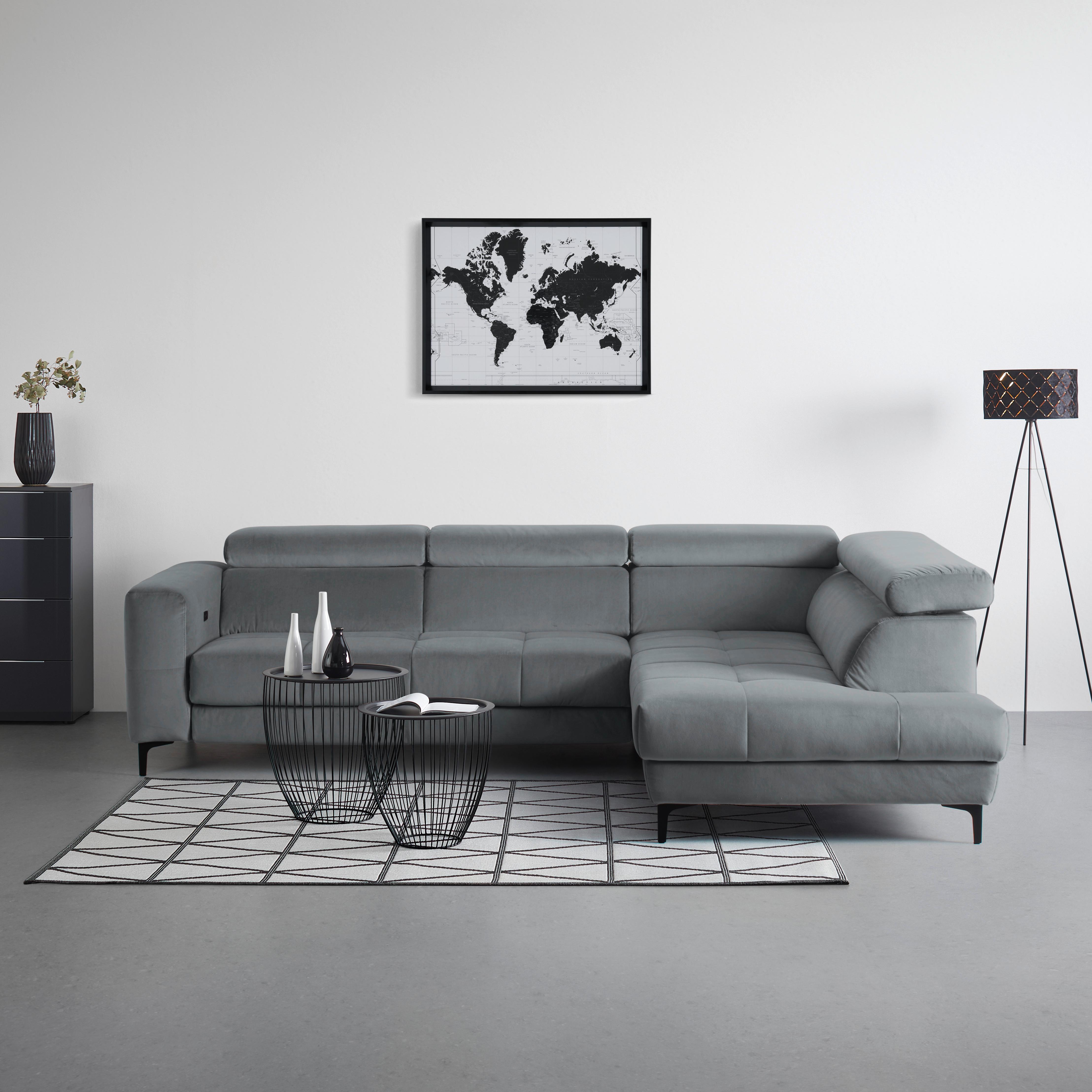 Rohová sedačka EMMA, pravá, modrosivá,op.hl.,USB,el.výsuv - čierna/modrosivá, Modern, textil (301/210cm) - Premium Living