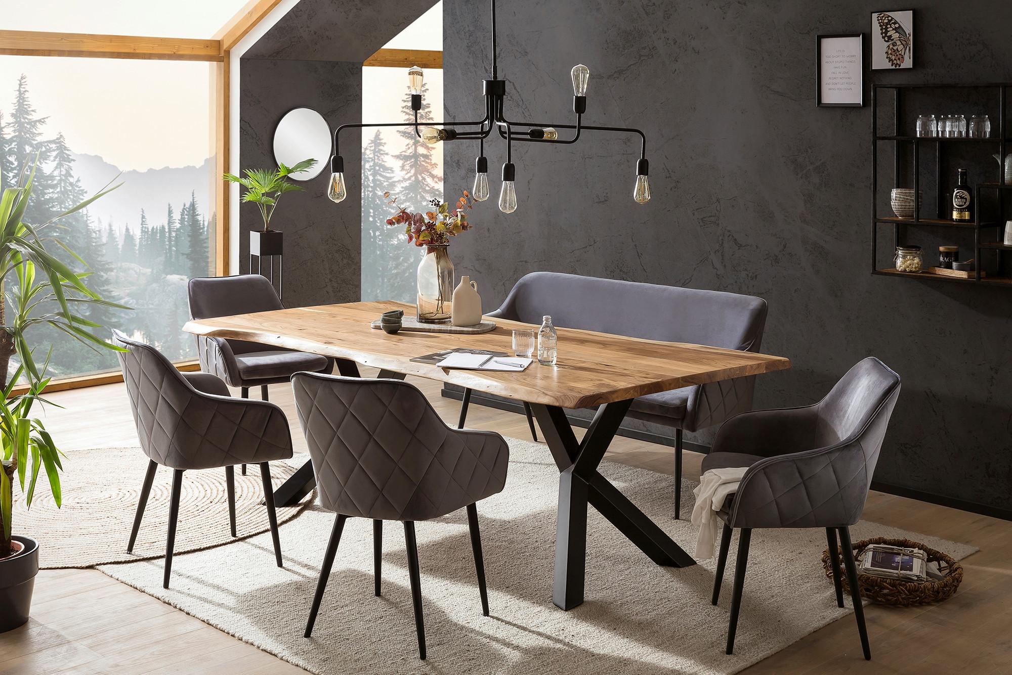 Tischgruppe Akazie Massiv/Grau 6--Teilig. - Naturfarben/Grau, MODERN, Holz/Textil (220/110/76,5cm) - Livetastic