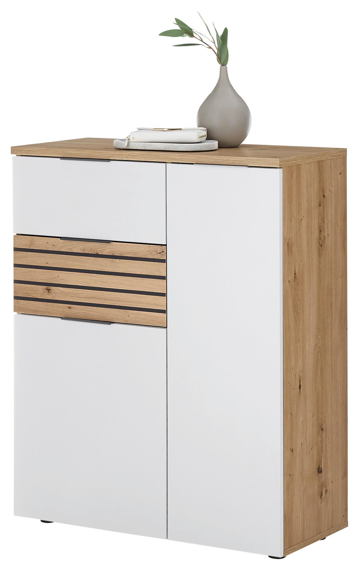 Kommode 85 Cm Milan, Weiß/eiche Dekor - Dunkelgrau/Silberfarben, Design, Holzwerkstoff (85/105/38cm) - MID.YOU