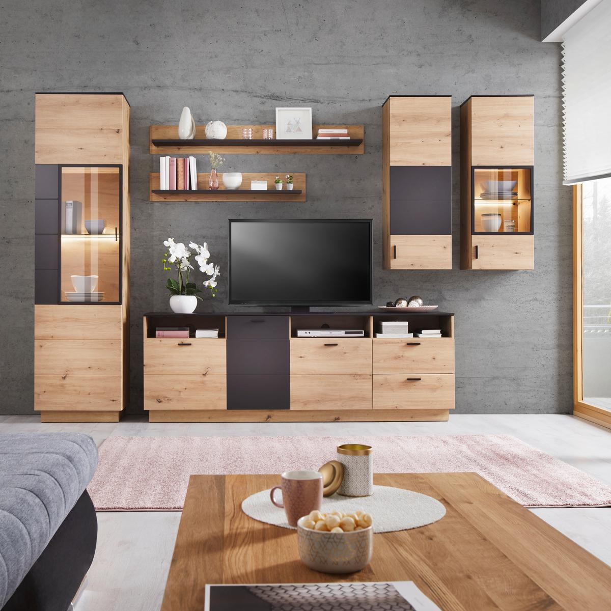 Wohnkombination Modern 6 Tlg. Tonale 1, Eiche Dekor/grau - MODERN (296,4/207,6/40cm)