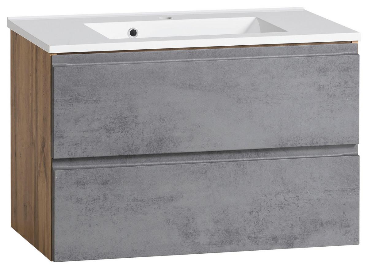 Waschbecken mit Unterschrank Varese B: 80 cm Grau/Eiche - Eiche Wotan/Graphitfarben, MODERN, Holzwerkstoff/Stein (80cm) - Held