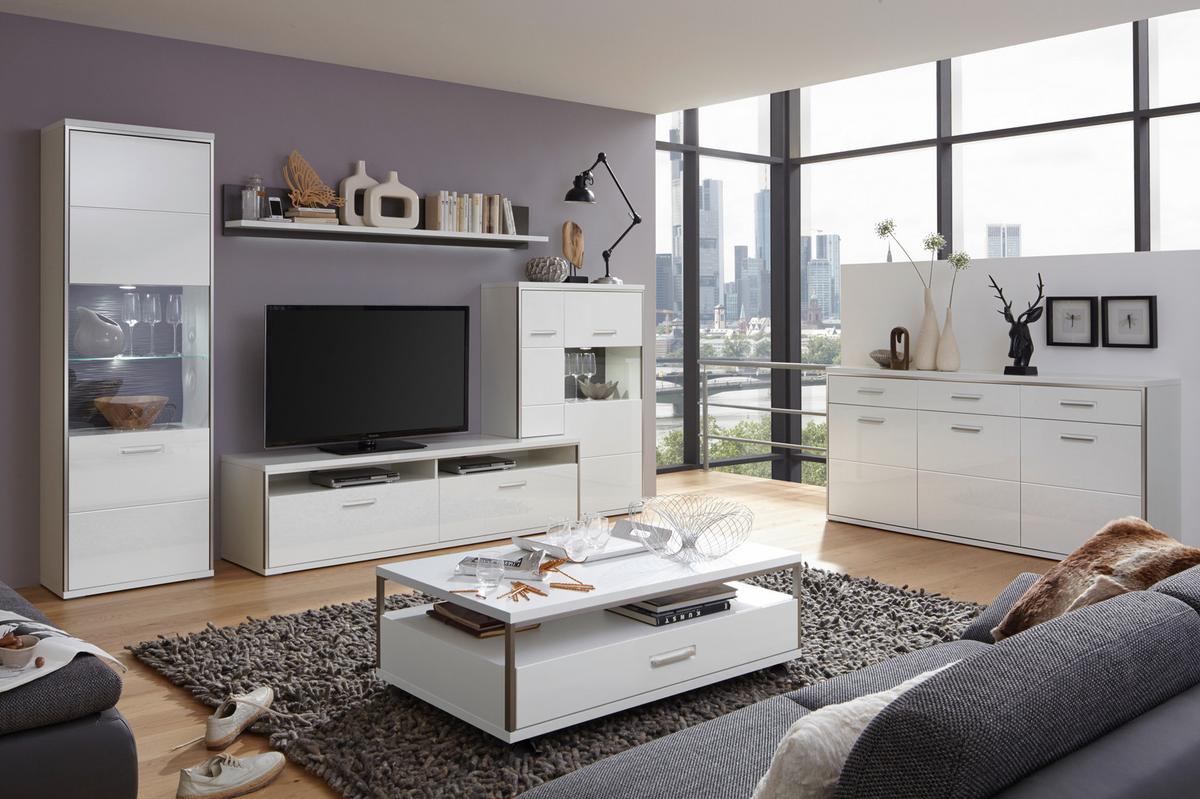 Wohnkombination 4-Tlg. Trento Grau/Silbern/Weiß - Weiß Hochglanz/Silberfarben, Design, Glas/Holzwerkstoff (319/201/52cm) - Livetastic