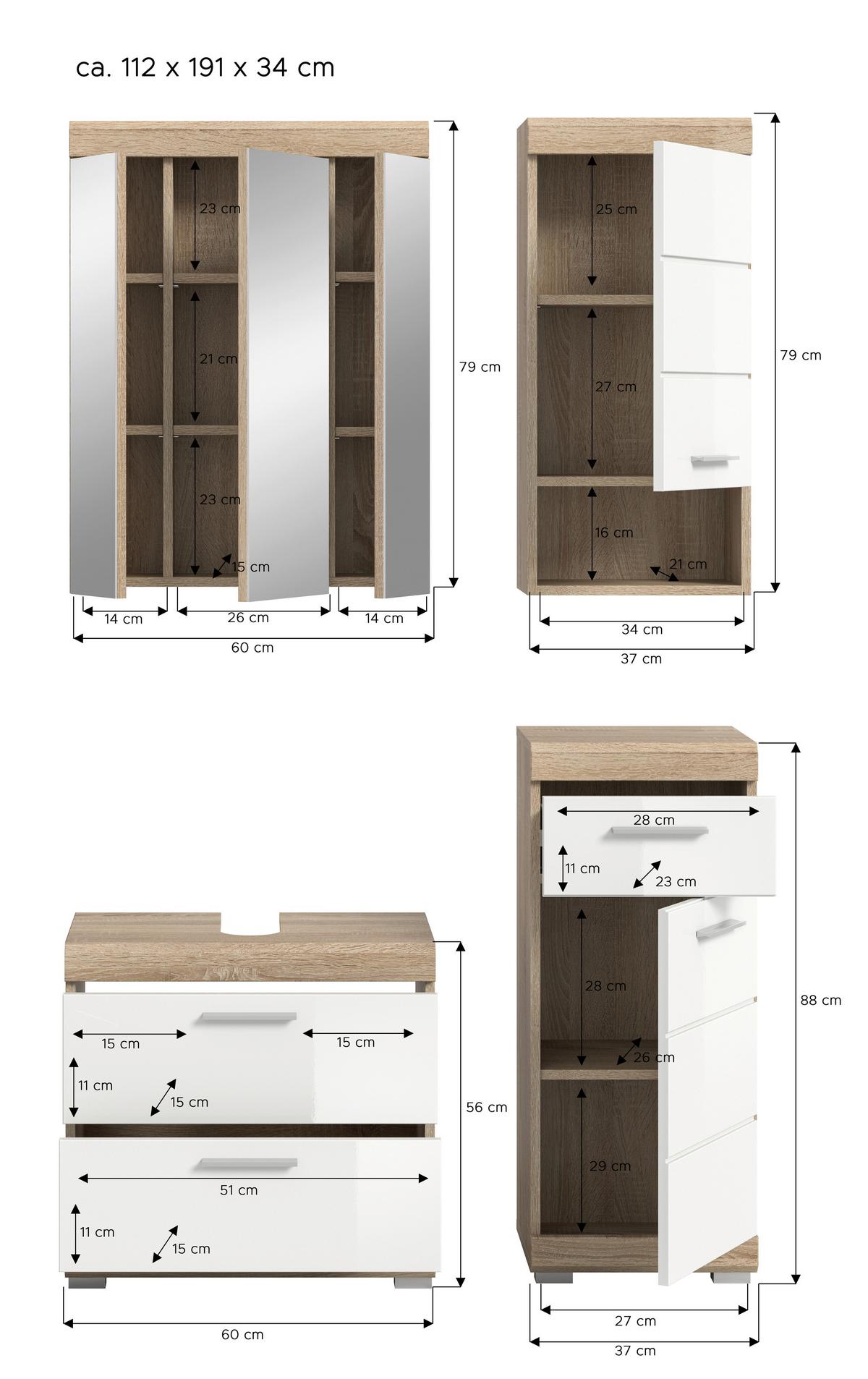 Badezimmer Lambada Eiche Dekor/Weiß B: 97 cm - Weiß Hochglanz/Silberfarben, MODERN, Glas/Holzwerkstoff (97cm) - MID.YOU