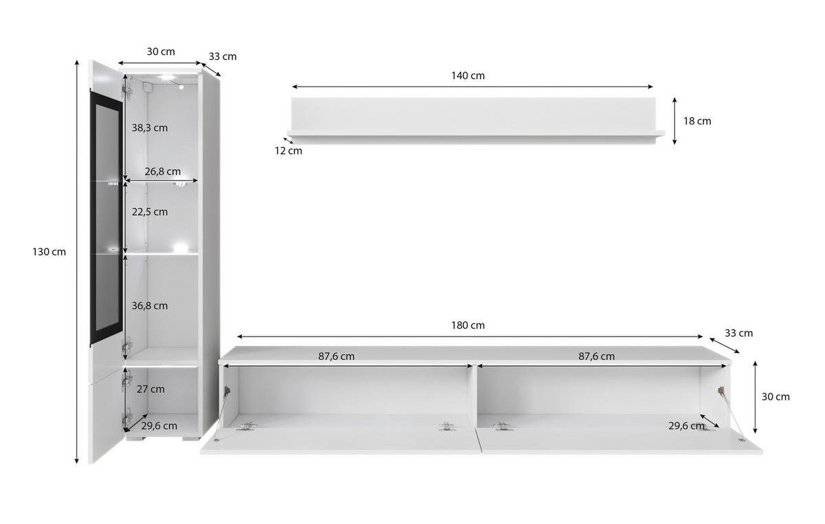 Wohnkombination 3-Tlg. mit Led Vera Weiß/Betonoptik - Weiß Hochglanz/Grau, LIFESTYLE, Glas/Holzwerkstoff (210/130/33cm) - P & B