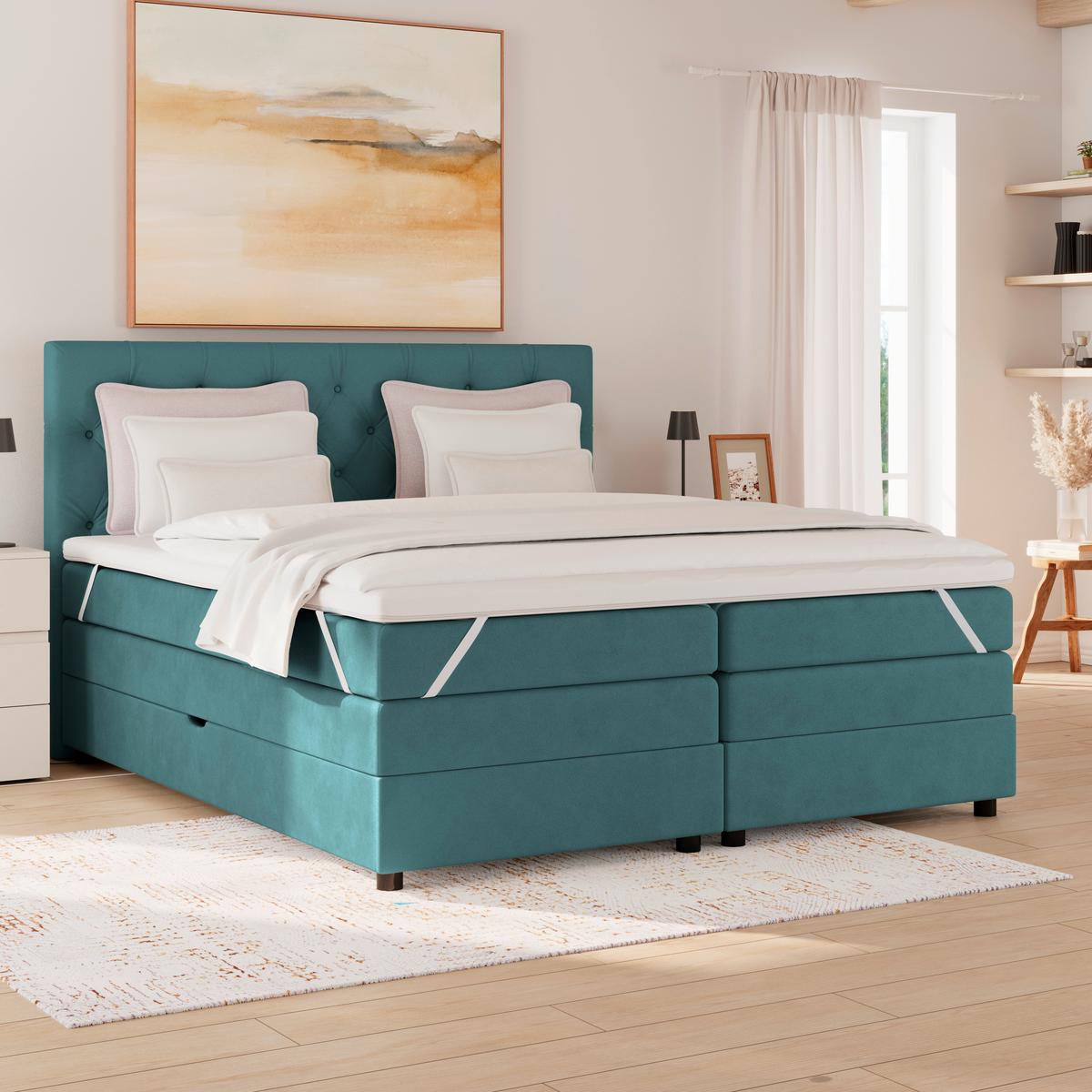Boxspringbett Elio Petrol 160x200 Cm H4 - Petrol/Schwarz, ROMANTIK / LANDHAUS, Textil (164/121/212cm) - James Wood