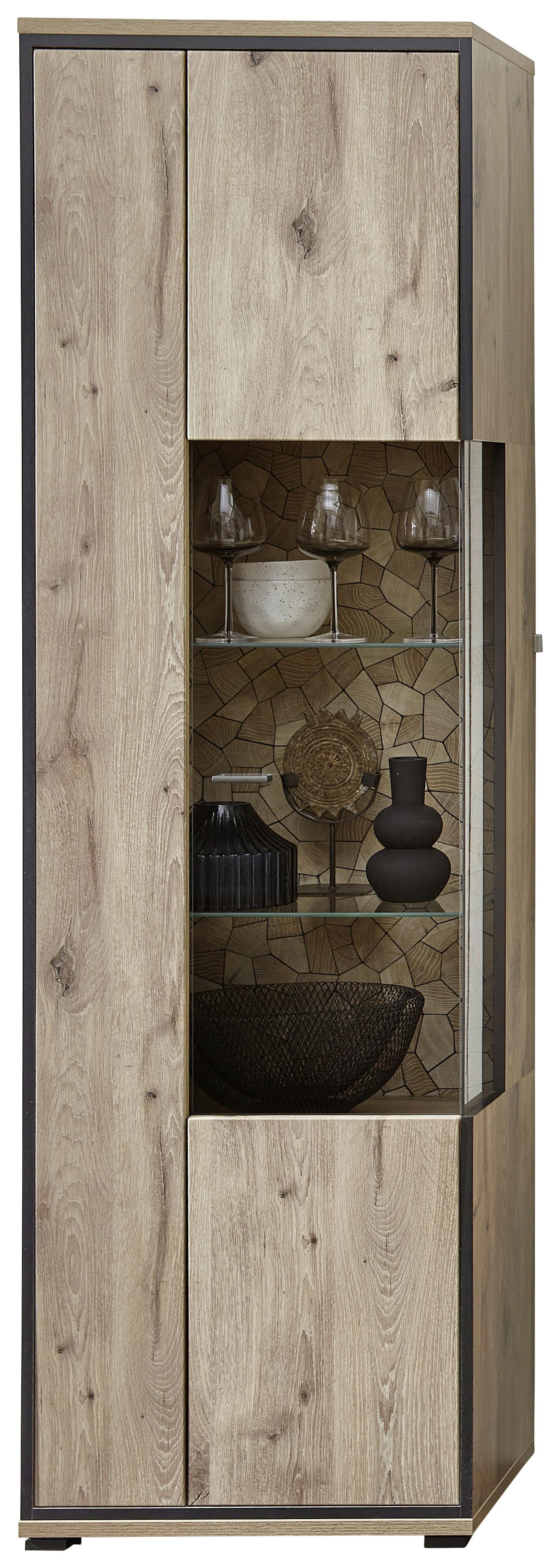 Vitrine Ruben - Eichefarben/Schwarz, KONVENTIONELL, Glas/Holzwerkstoff (60/205/40cm) - Livetastic