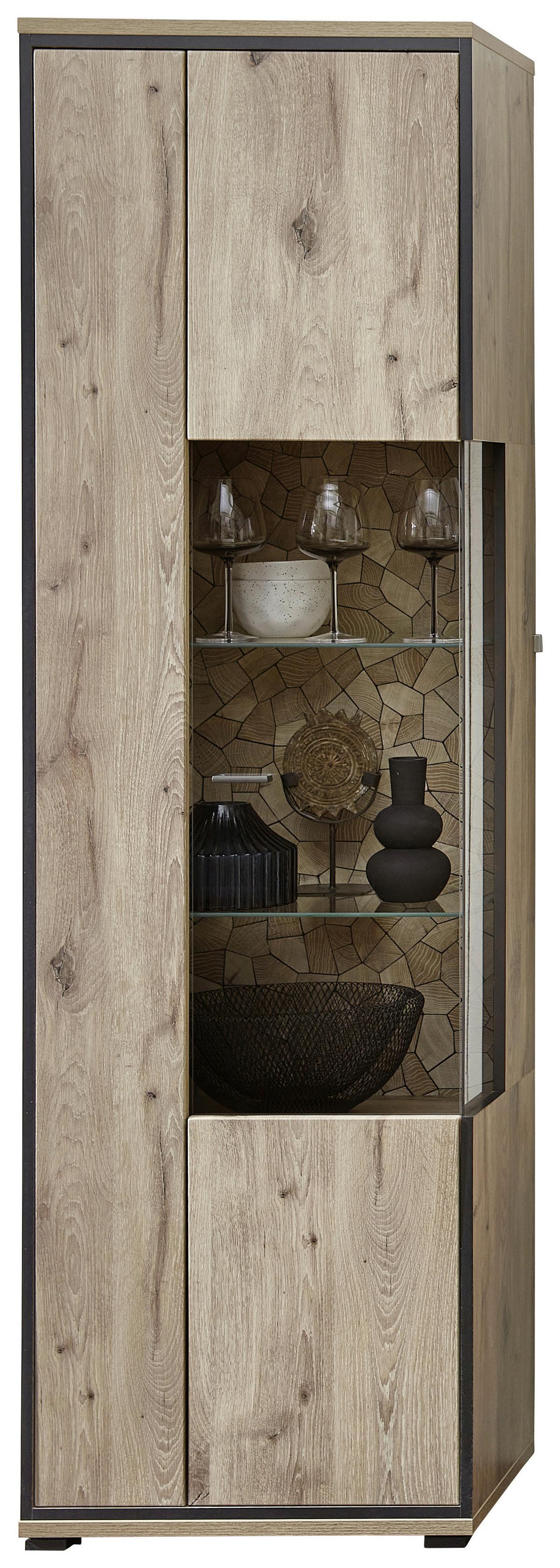 Vitrine Ruben - Eichefarben/Schwarz, KONVENTIONELL, Glas/Holzwerkstoff (60/205/40cm) - Livetastic