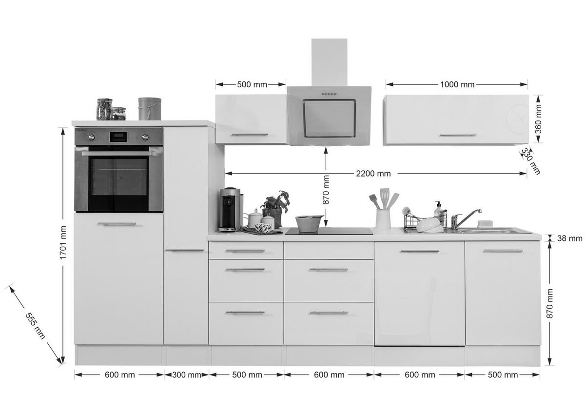 Küchenzeile mit Geräten 310 cm Weiß Hochglanz/Grau - Eichefarben/Weiß, Basics, Holzwerkstoff (310cm) - Respekta