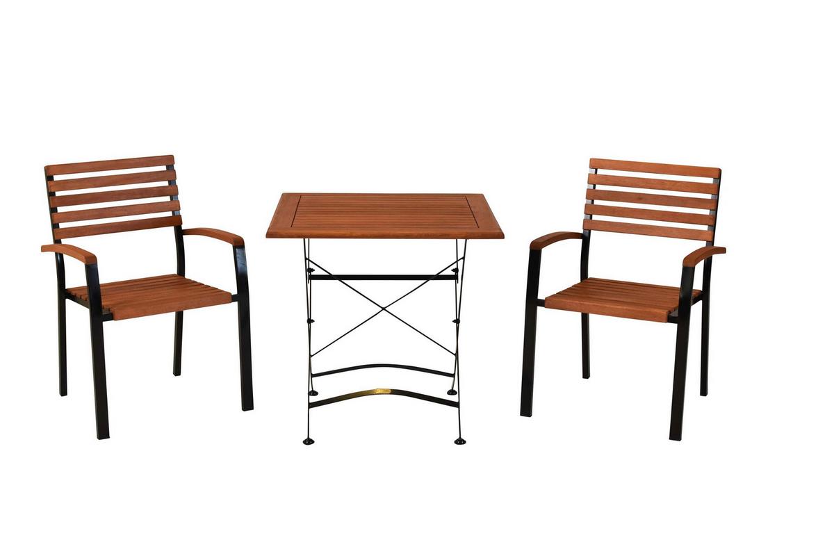 Gartentischgruppe 3tlg. Set - Graphitfarben/Naturfarben, KONVENTIONELL, Holz/Metall - Gardenson