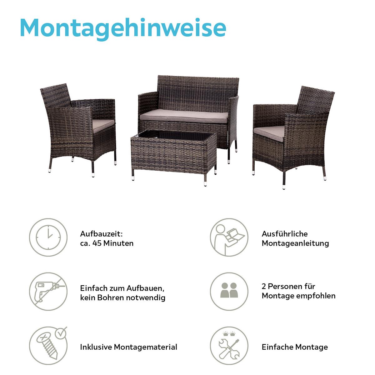Loungegarnitur 4-tlg Valencia Kunststoff/glas Mit Kissen - Dunkelbraun/Creme, MODERN, Glas/Kunststoff - Ondega