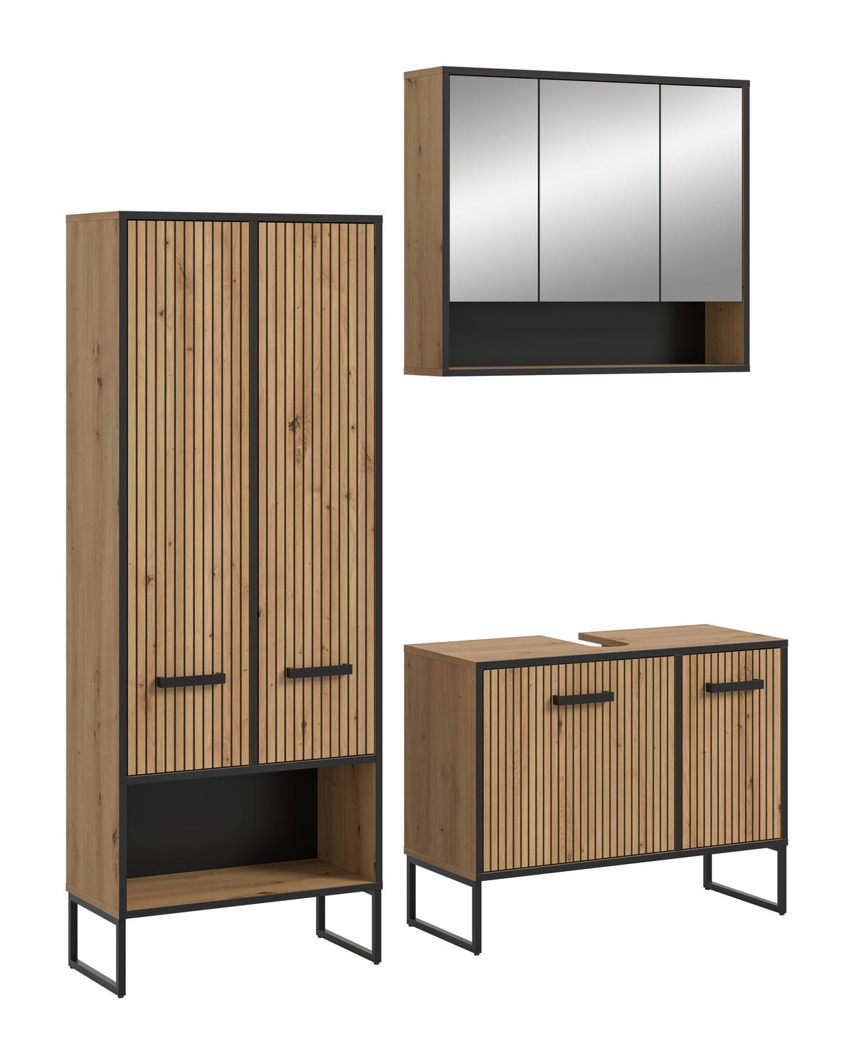 Badezimmer Bagno Schwarz /Eiche Artisan Dekor B: 139cm - Schwarz/Eiche Artisan, Trend, Glas/Holzwerkstoff (139cm) - MID.YOU