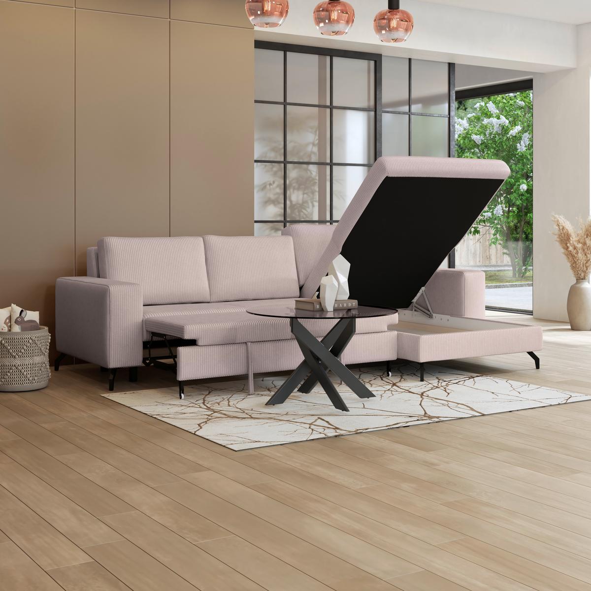 Ecksofa mit Bettkasten Cloud Rosa Cord 290x178 cm - Rosa, Trend, Textil (290/178cm)