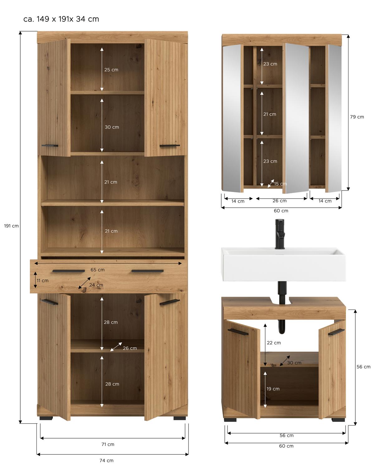 Badezimmer Scout Eiche Artisan Dekor B: 134cm - Schwarz/Eiche Artisan, Trend, Glas/Holzwerkstoff (134cm) - MID.YOU