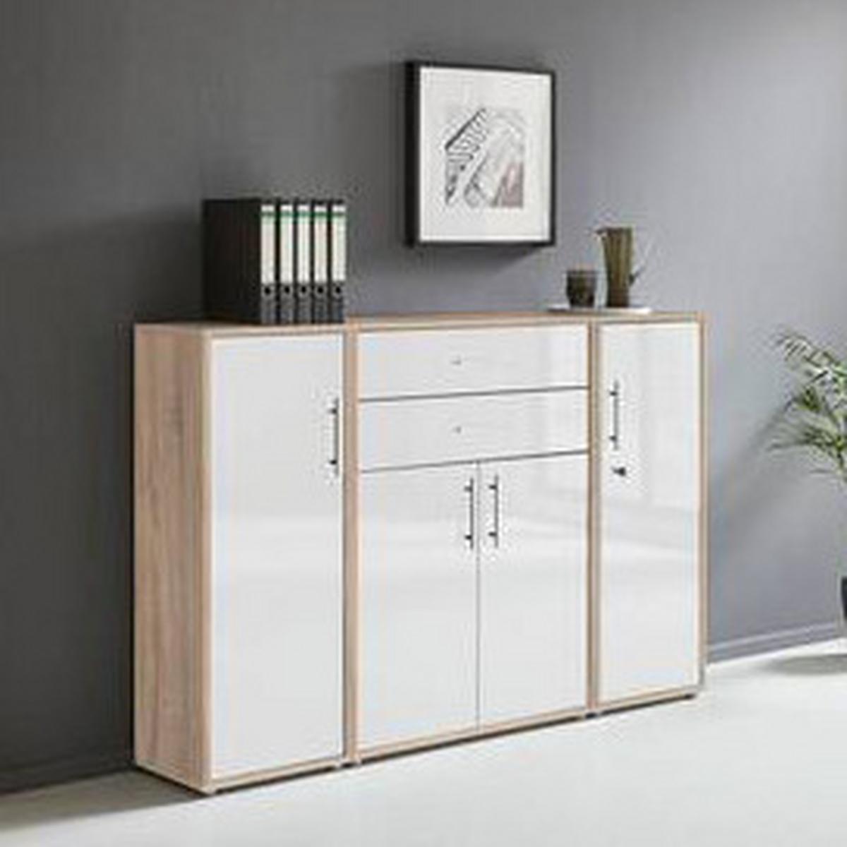 Aktenschrank Office Edition Eiche Dekor/Weiß Hg, B:172,6cm - Weiß Hochglanz/Sonoma Eiche, MODERN, Holzwerkstoff (172,6/113,6/33cm) - MID.YOU