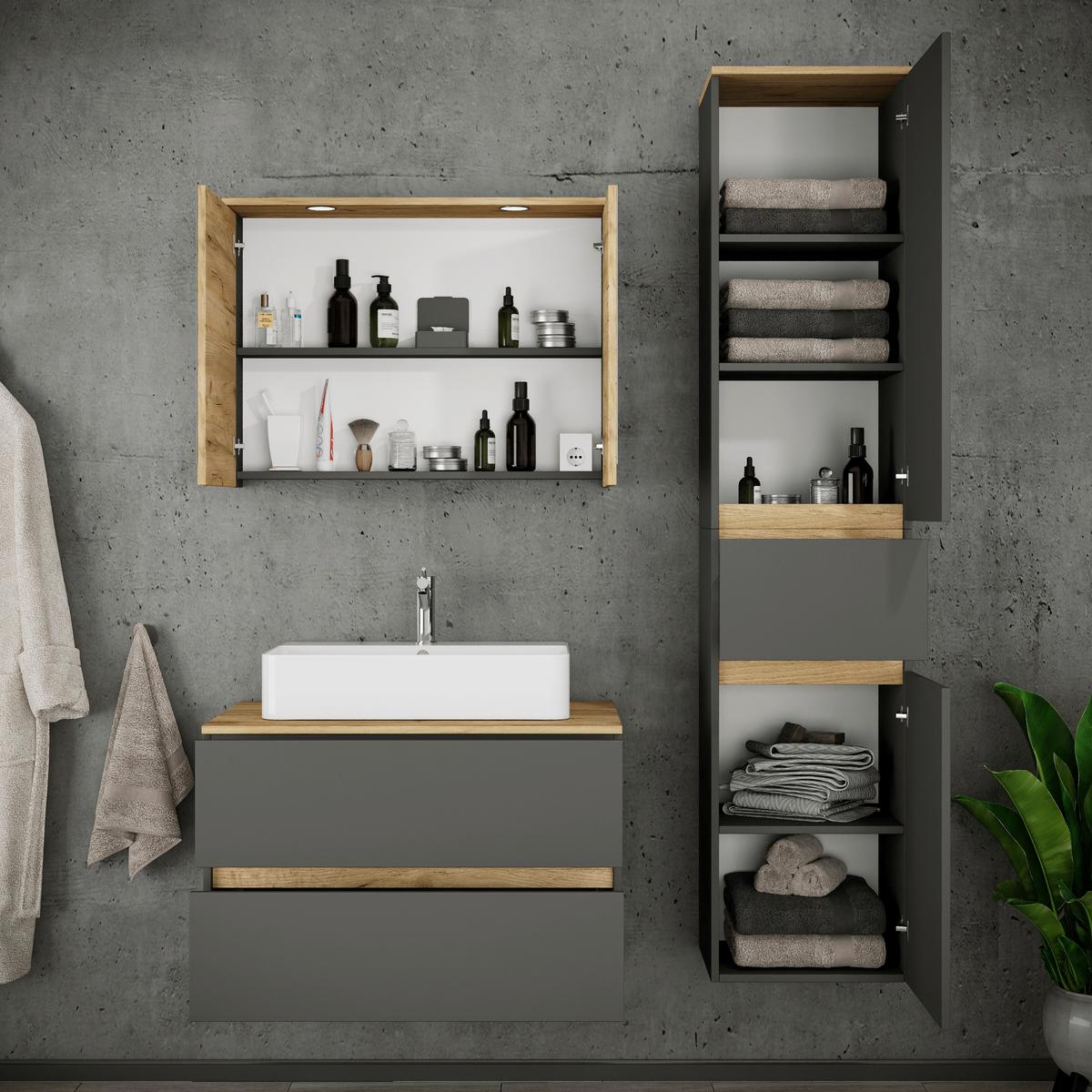 Fürdőszobabútor Cosila - méztölgy színű/antracit, Trend, faalapú anyag/kerámia (120cm) - MID.YOU