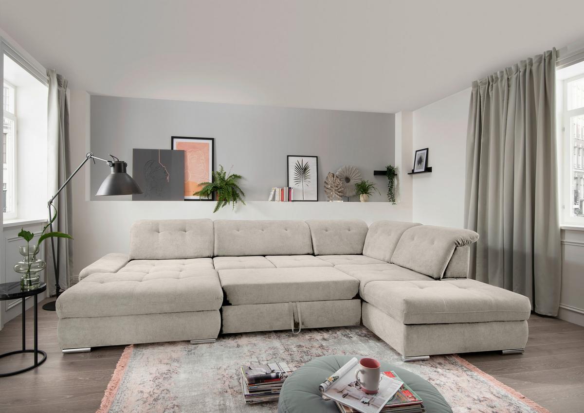 Wohnlandschaft Dalida Beige U: 195x376x254 Cm - Chromfarben/Beige, Design, Textil (195/376/254cm) - Livetastic