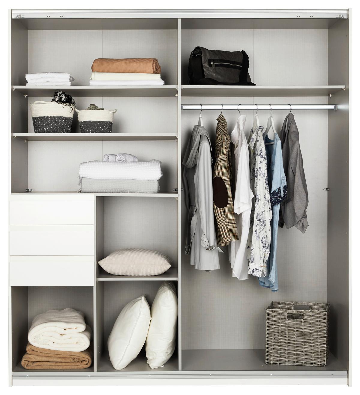 Schwebetürenschrank mit Laden 180 cm Oldenburg, Weiß - Eichefarben/Weiß, KONVENTIONELL, Glas/Holzwerkstoff (180/198/65cm)