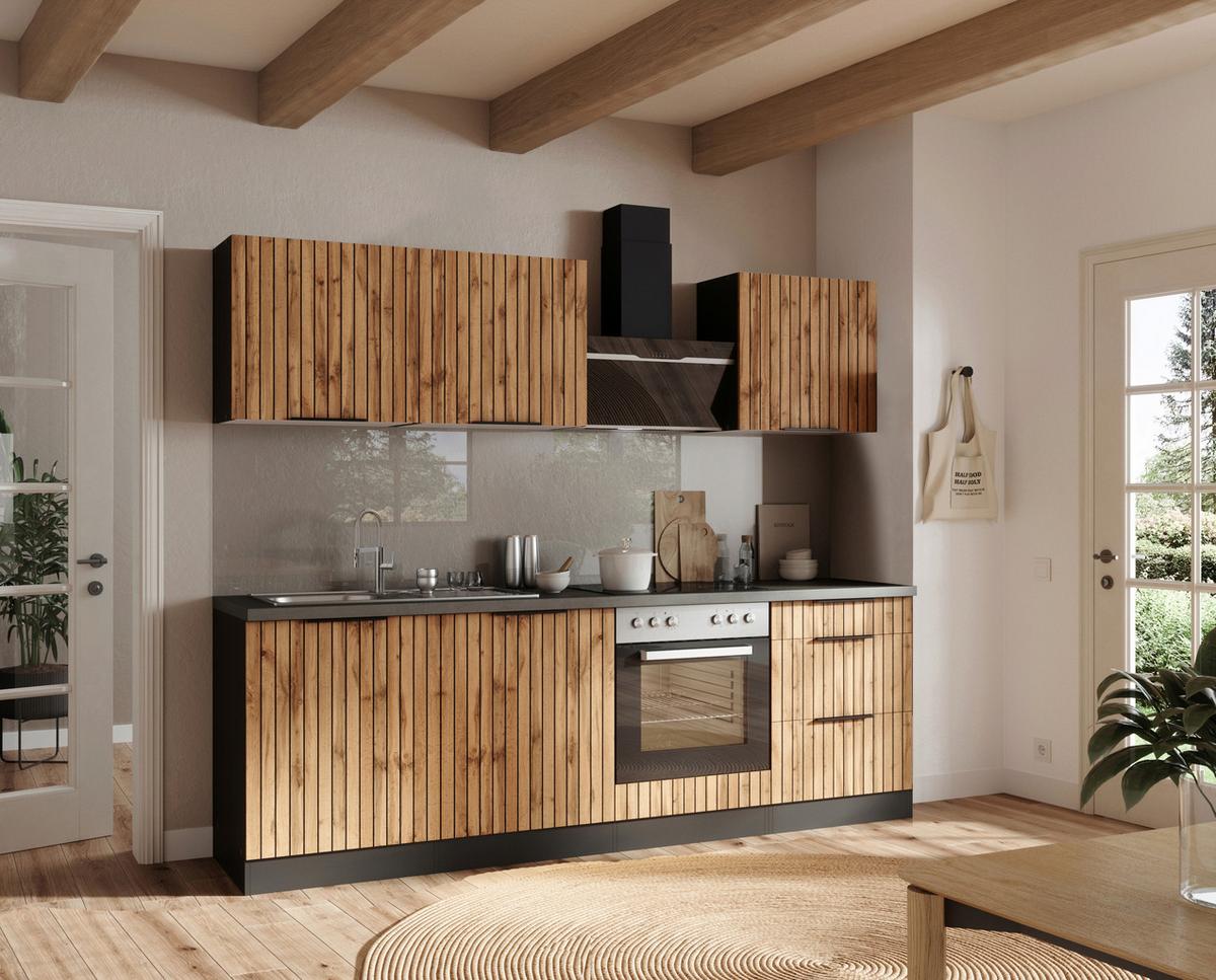 Küchenzeile Liverpool Mit Geräten 240 Cm Graphit/eiche - Schieferfarben/Eiche Wotan, Basics, Holzwerkstoff (240cm) - Held