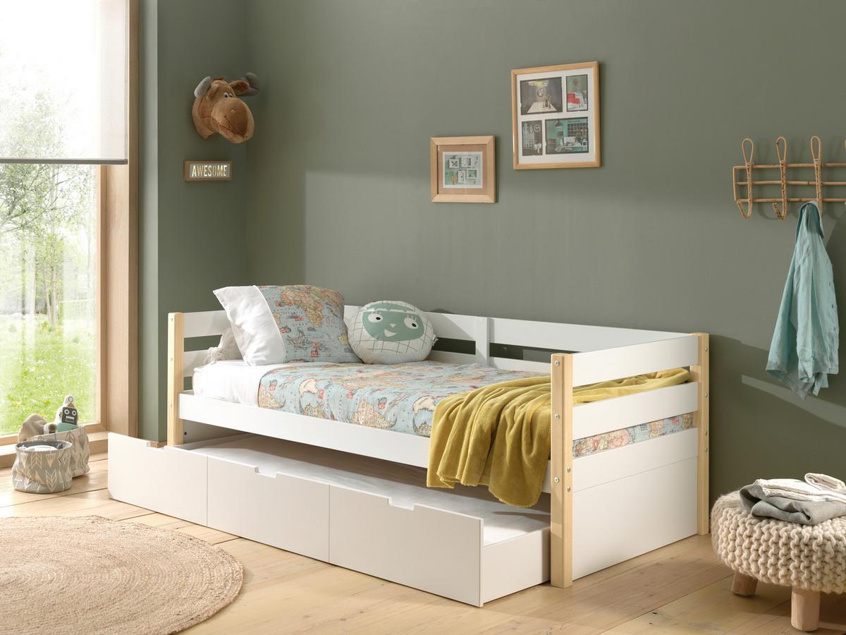 Ausziehbett Kiefer +lattenrost 90x200 cm Margrit Weiß/Natur - Weiß/Kieferfarben, MODERN, Holz/Holzwerkstoff (90/200cm) - MID.YOU