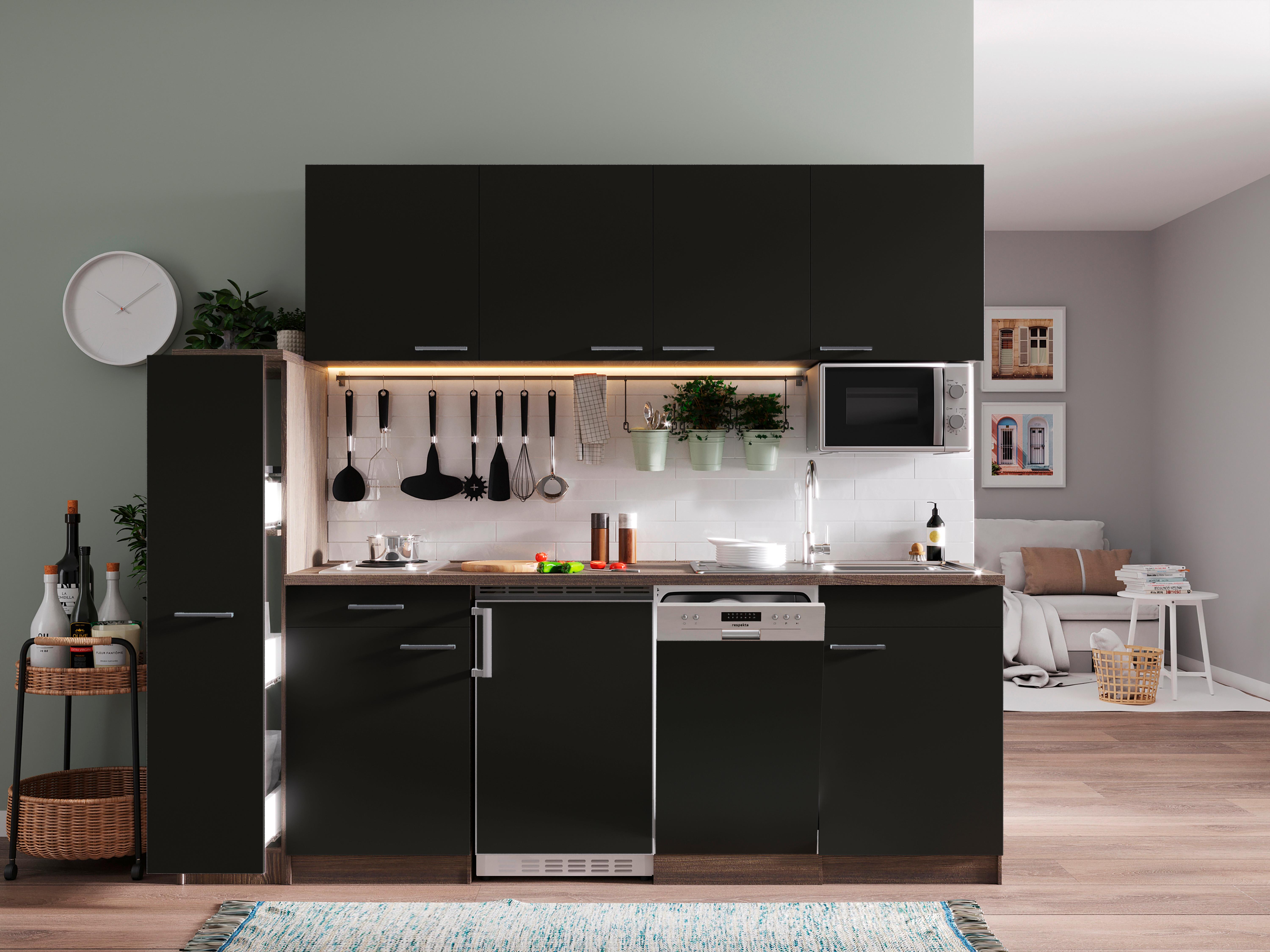 KÜCHENBLOCK OLIVER SINGLEKÜCHE 225 CM - Eichefarben/Schwarz, Basics, Holzwerkstoff (225cm) - Respekta