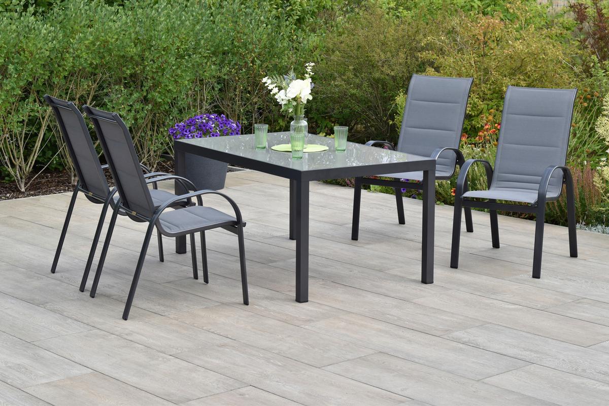 Gartentischgruppe Amalfi 5 -Teilig. Graphitfarben/Grau - Graphitfarben/Grau, KONVENTIONELL, Glas/Textil - Gardenson