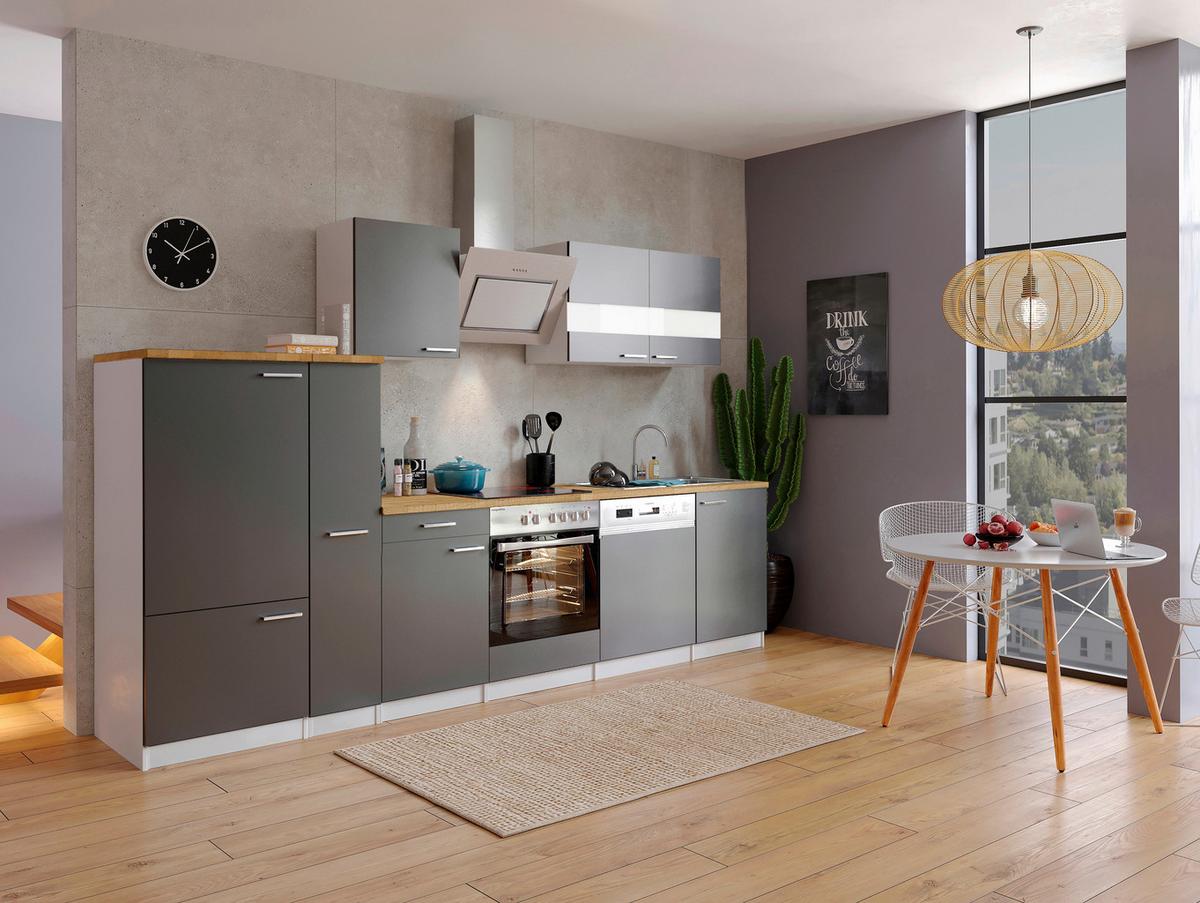 Küchenzeile Economy mit Geräten 310 cm Grau/Nussbaum Dekor - Nussbaumfarben/Weiß, Basics, Holzwerkstoff (310cm) - Respekta
