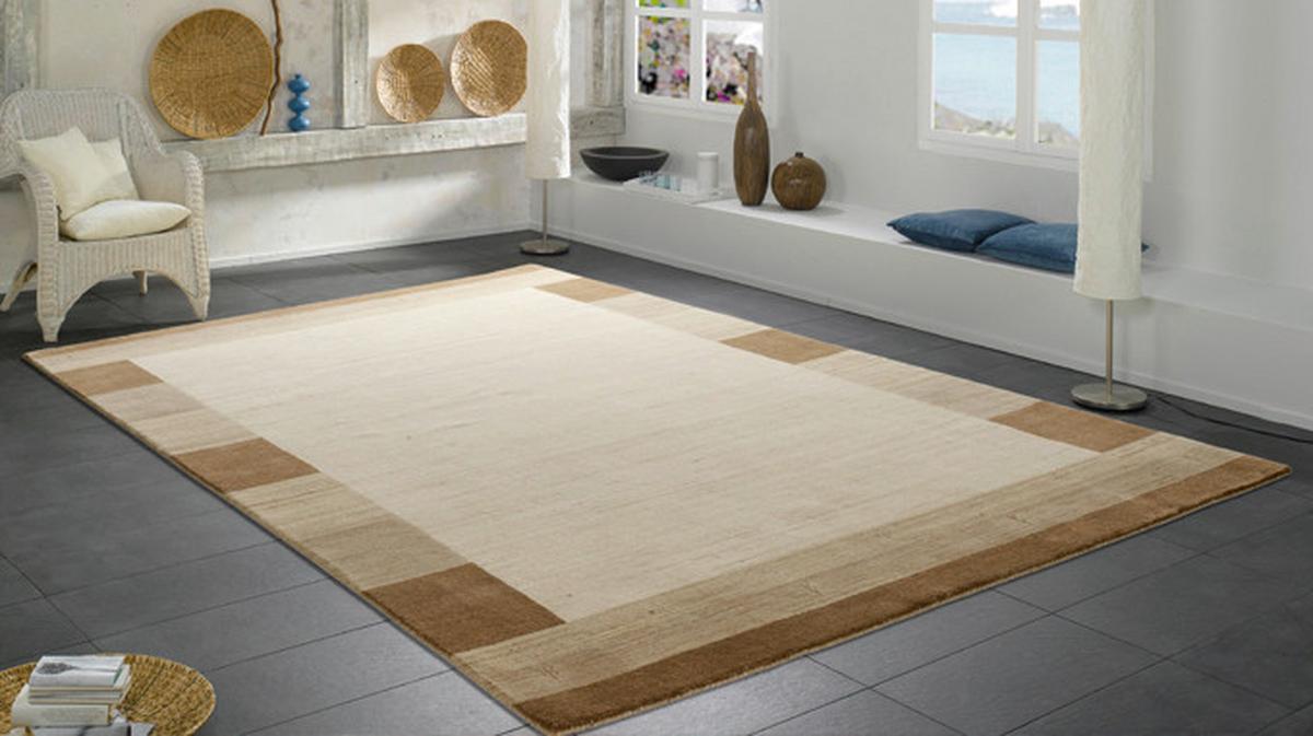 Wollteppich Alagis Border - Beige/Naturfarben, KONVENTIONELL, Textil (90/160cm) - Cazaris