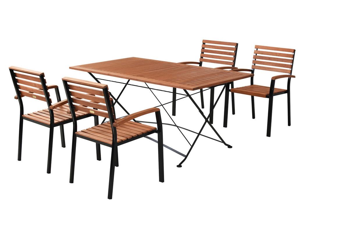 Gartentischgruppe 5tlg. Set - Schwarz/Naturfarben, KONVENTIONELL, Holz/Metall - Gardenson