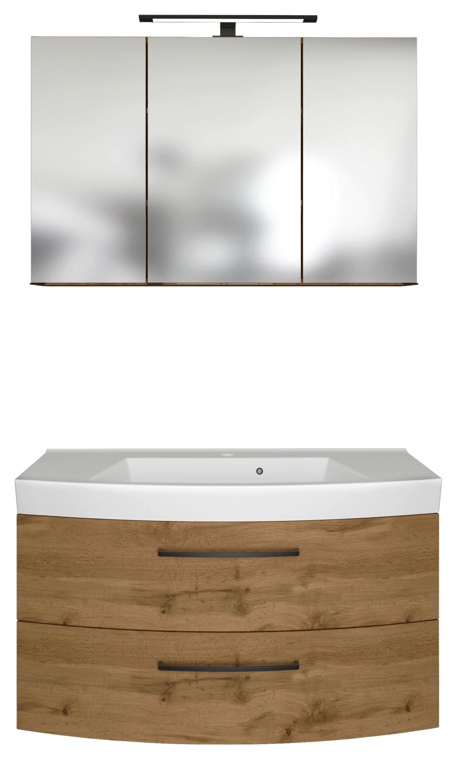 Badmöbel-Set Manchester B: 100 cm Eiche Wotan Dekor - Eichefarben/Weiß, MODERN, Keramik/Holzwerkstoff (100cm) - Held