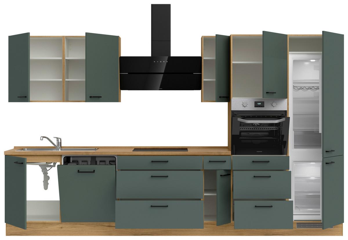 Kuchyňská linka 360 cm, minerální zelená,ultra matná - barvy dubu/černá, Moderní, kov/kompozitní dřevo (360cm) - Nobilia