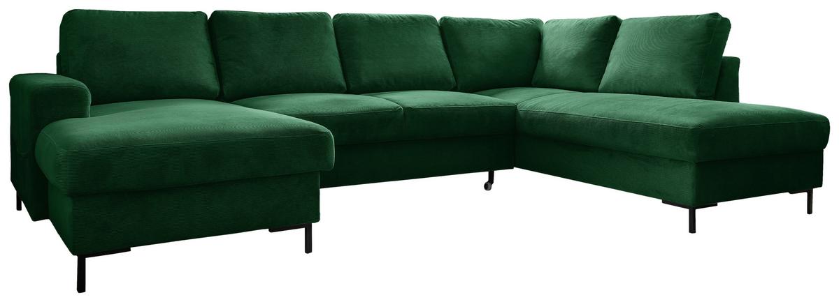 Sedačka LEONIE U, pravá, smaragdový manš., s funkcemi - černá/smaragdově zelená, Design, kov/dřevo (148/303/197cm)