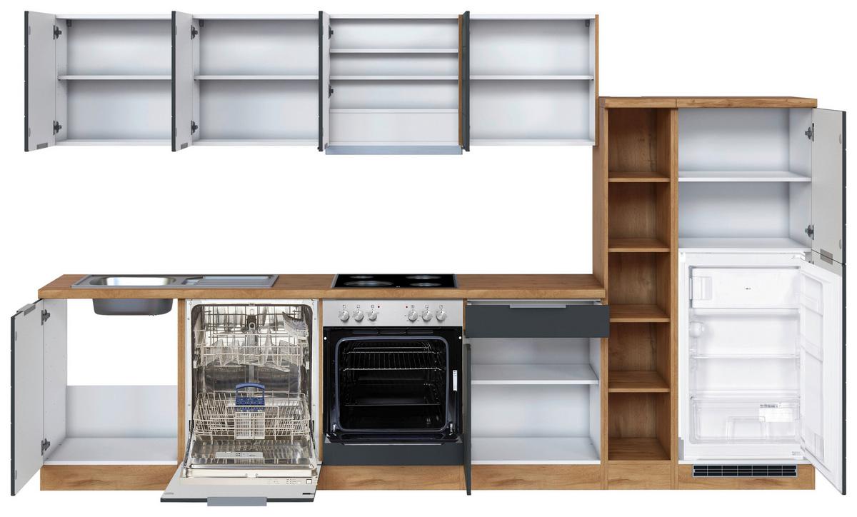 Küchenzeile Florenz mit Geräte B: 330 cm Grau/Eiche Dekor - Eiche Wotan/Grau, Design, Holzwerkstoff (330cm) - Held