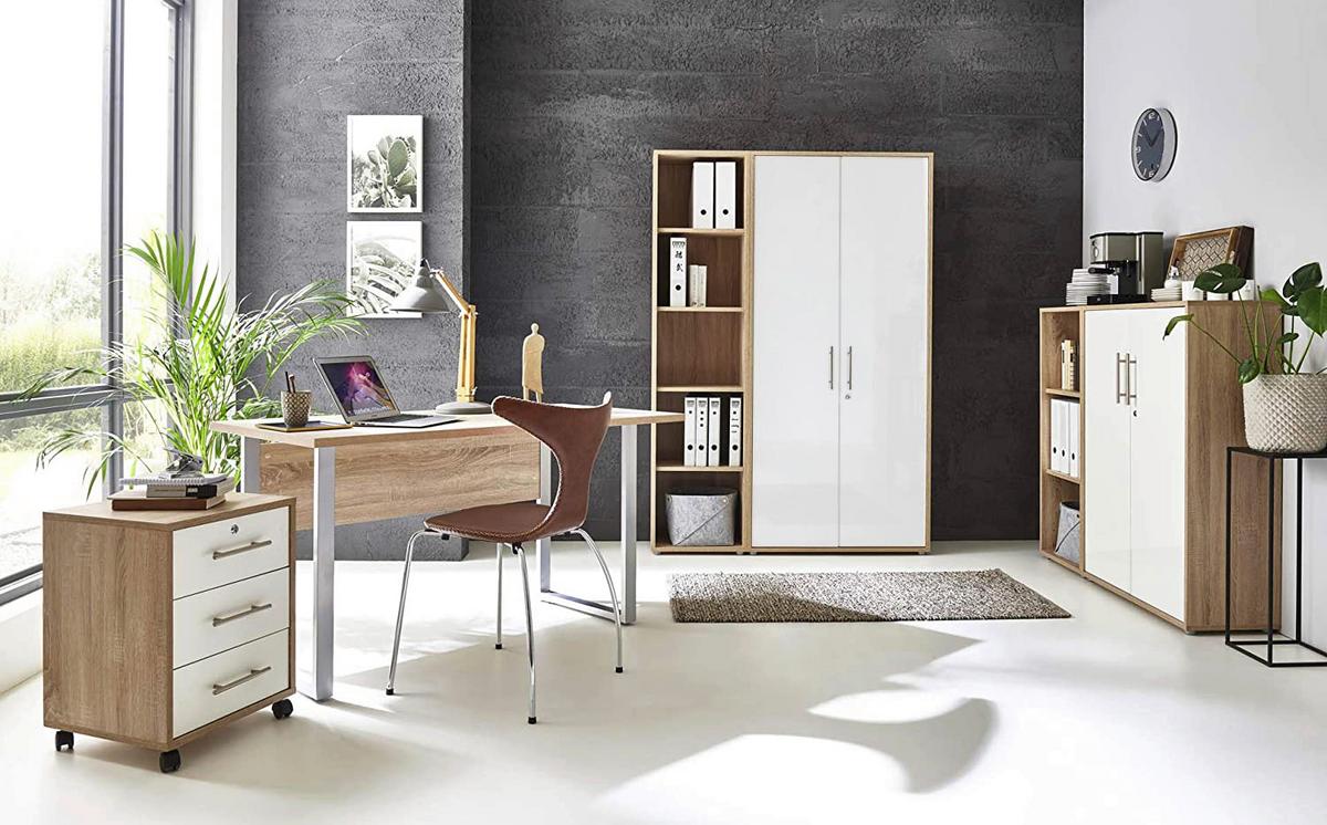 Büro Office Edition Eiche Dekor/weiß Hochglanz - Weiß Hochglanz/Sonoma Eiche, MODERN, Holzwerkstoff/Metall - MID.YOU