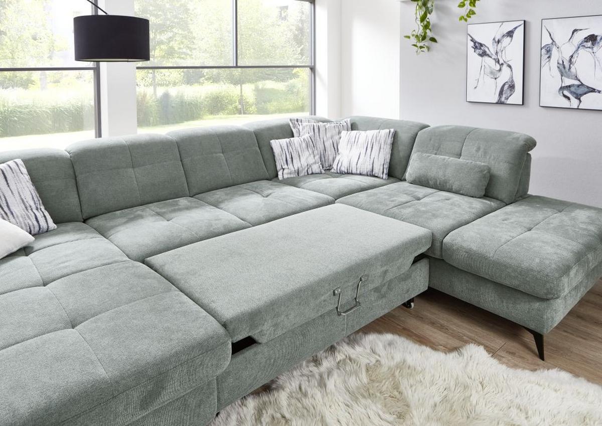 Sedačka SORENA U, pravá, sv.sivá ženilka, s funkciami - čierna/svetlosivá, Modern, kov/textil (198/353/255cm) - Premium Living