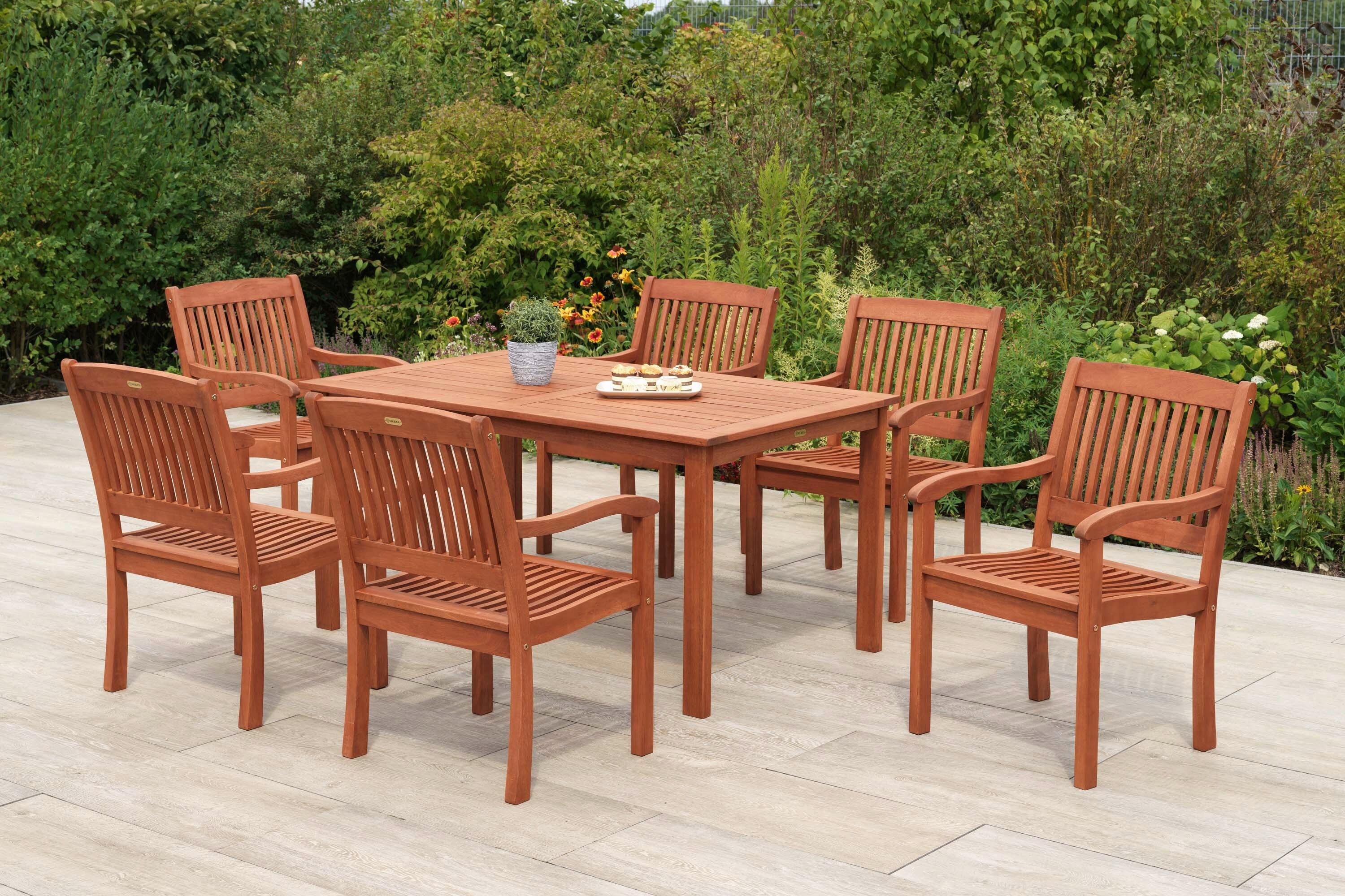 Gartentischgruppe Maracaibo 7 -Teilig. Naturfarben - Eukalyptusholzfarben, KONVENTIONELL, Holz - Gardenson