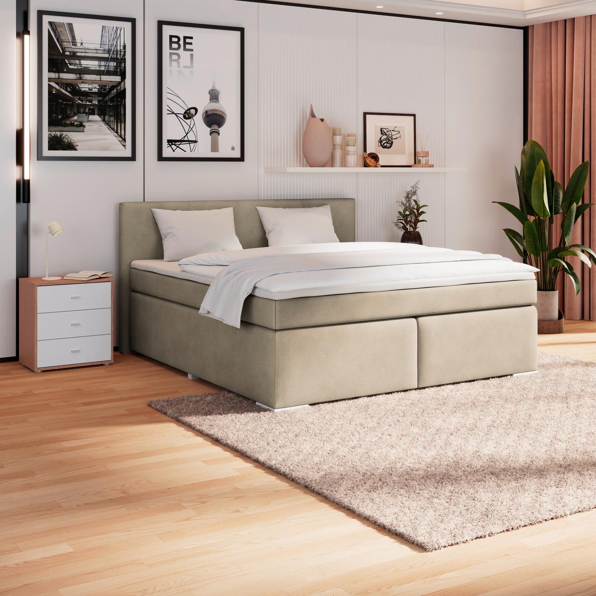Boxspringbett Mira Boucle Taupe, Lf:180x200cm - Taupe/Perlmutt, KONVENTIONELL, Holz/Textil (180/200cm)