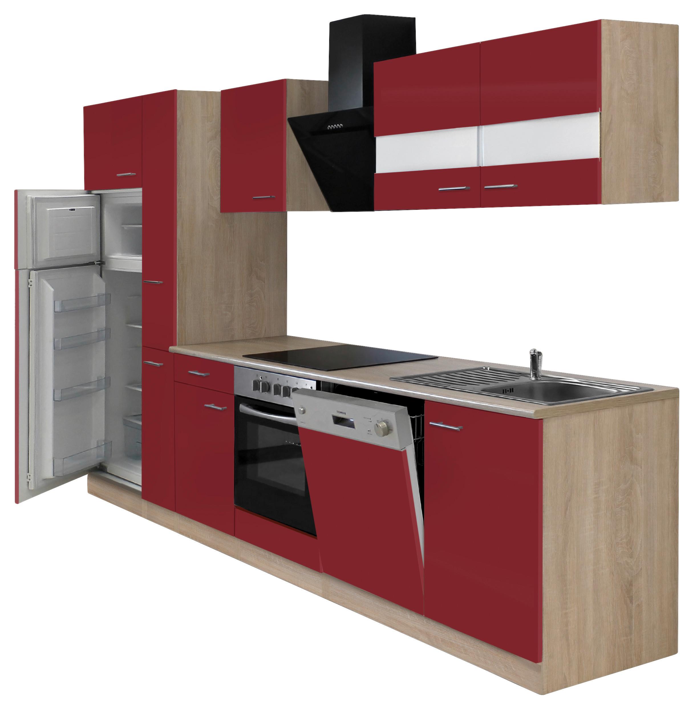 Küchenzeile Economy mit Geräten 310 cm Rot/Eiche Dekor Modern - Eichefarben/Rot, Basics, Holzwerkstoff (310cm) - Respekta