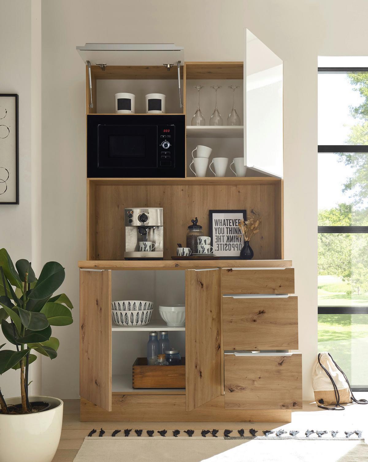 Miniküche mit Mikrowelle 120 cm Eiche Dekor/Weiß - Weiß Hochglanz/Eiche Artisan, LIFESTYLE, Holzwerkstoff (120/211/60cm) - Respekta