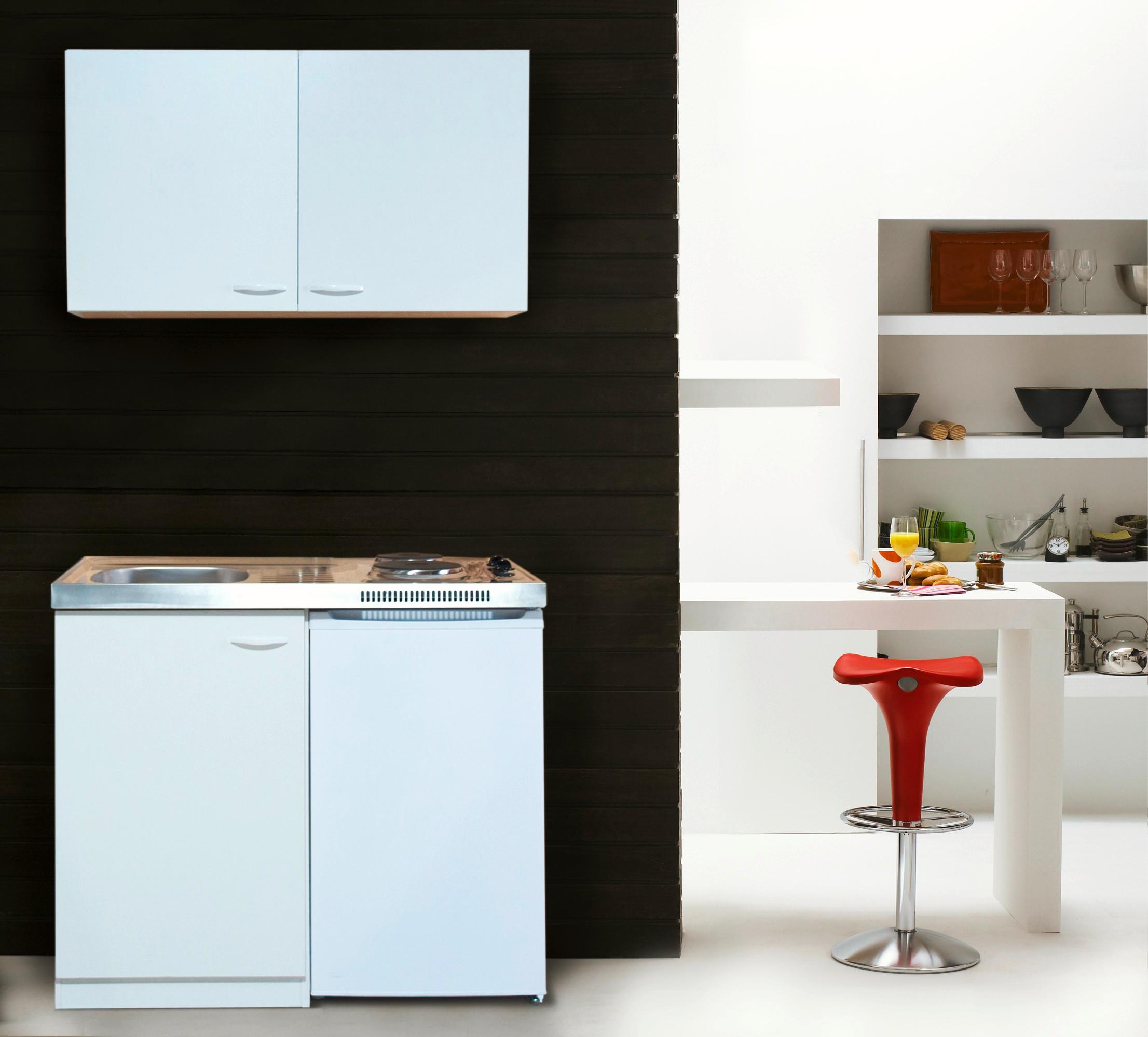 Miniküche mit Kühlschrank + Kochfeld 100 cm Weiß Dekor - Weiß, MODERN, Holzwerkstoff/Metall (100cm) - Respekta
