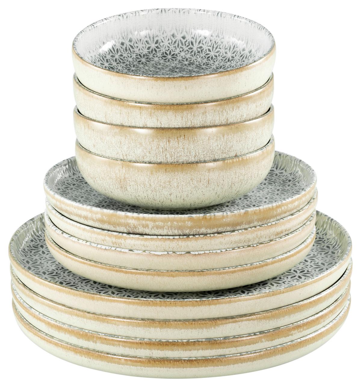 Tafelservice Uno Emiliana 12--Teilig., Creme, Grün - Creme/Grau, Basics, Keramik - Creatable