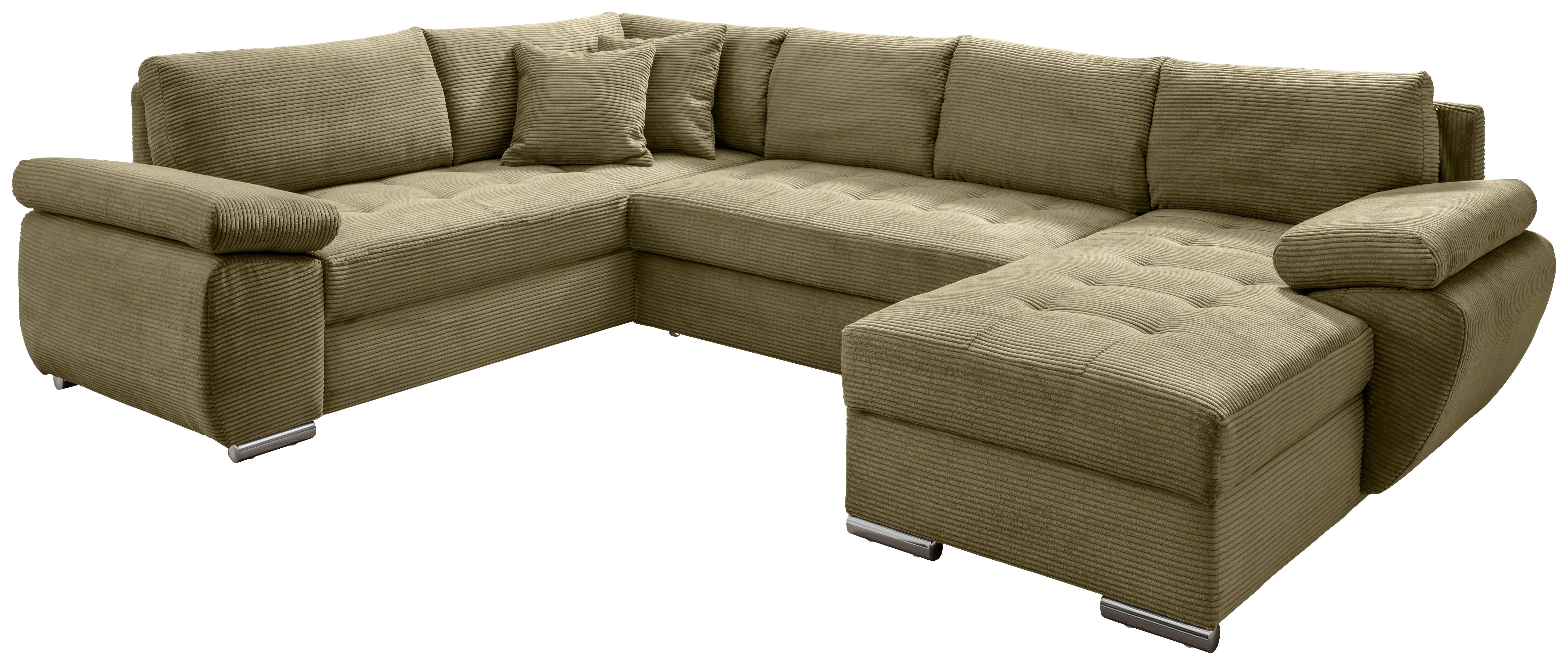 Wohnlandschaft Terana mit Schlaffunktion, Olivgrün - Chromfarben/Olivgrün, KONVENTIONELL, Textil (219/305/157cm) - Livetastic