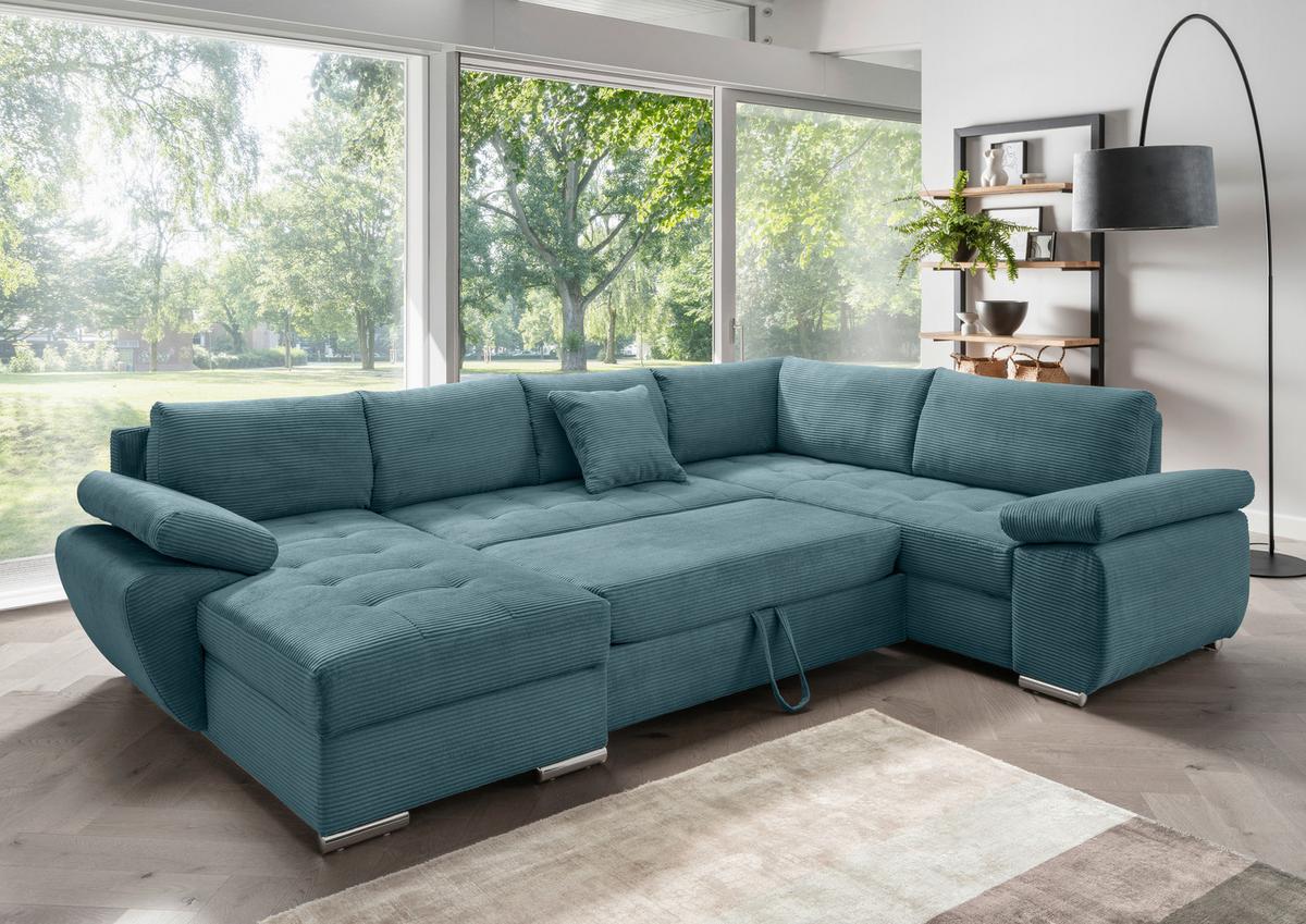 Wohnlandschaft Terana mit Schlaffunktion, Petrol - Chromfarben/Petrol, KONVENTIONELL, Textil (157/305/219cm) - Livetastic