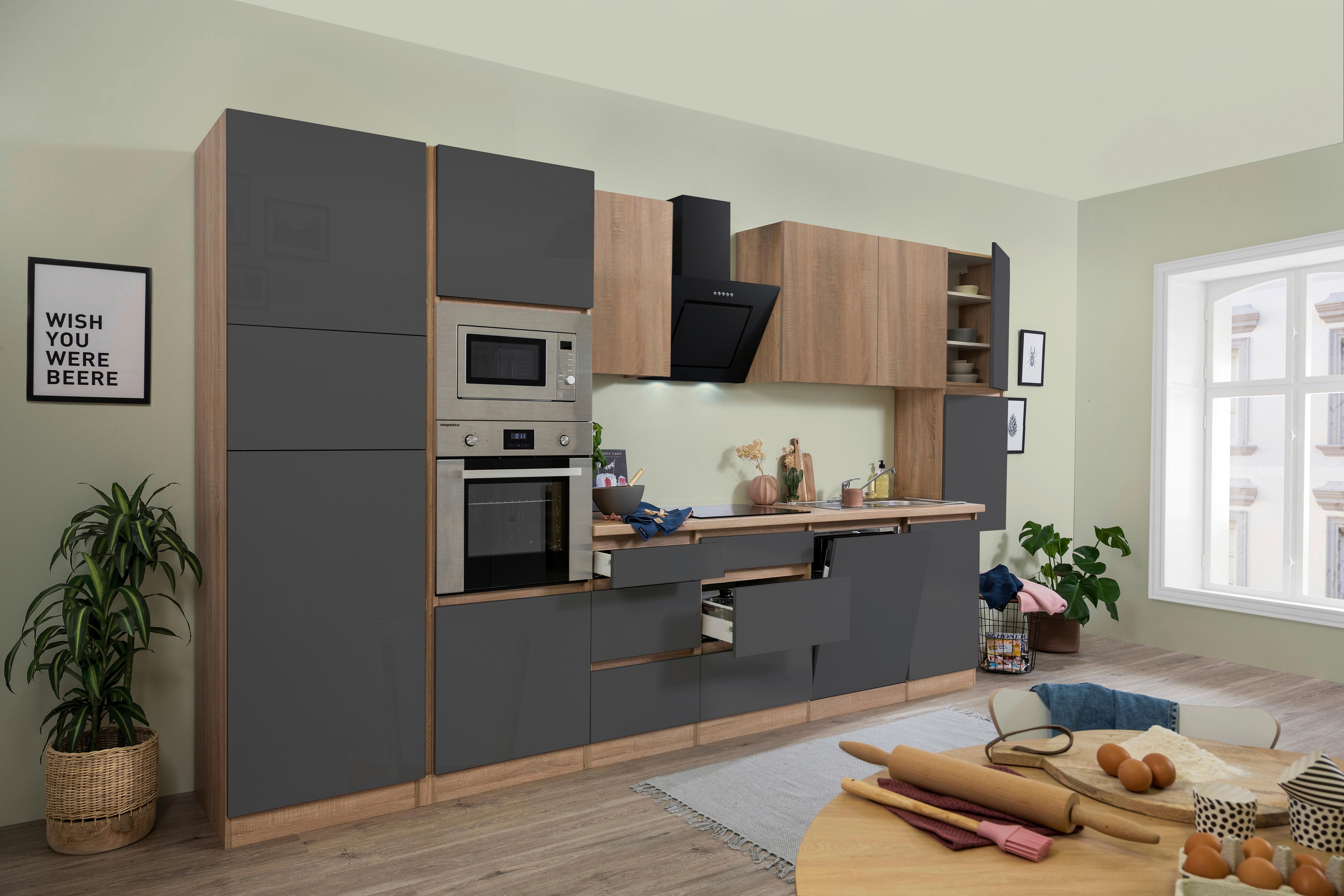 Küchenzeile Premium mit Geräten 395 cm Grau/Eiche Dekor - Eichefarben/Grau, Basics, Holzwerkstoff (395cm) - Respekta