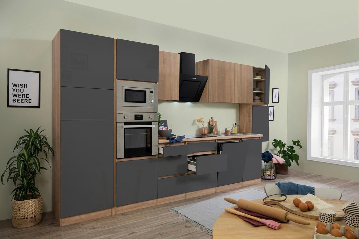 Küchenzeile Premium mit Geräten 395 cm Grau/Eiche Dekor - Eichefarben/Grau, Basics, Holzwerkstoff (395cm) - Respekta